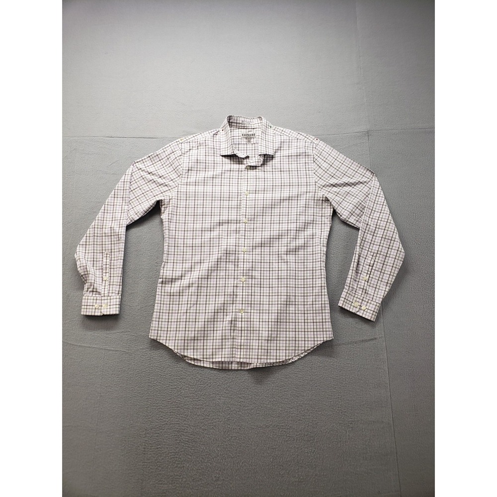 Express Men Dress Shirt L Gray Check 100% Cotton Fitted Long Sleeve Collared
